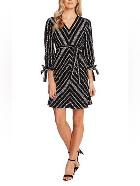 CeCe Black White Floral  V-Neck Tie Sleeve Lined Belted Versatile Mini Dress 4